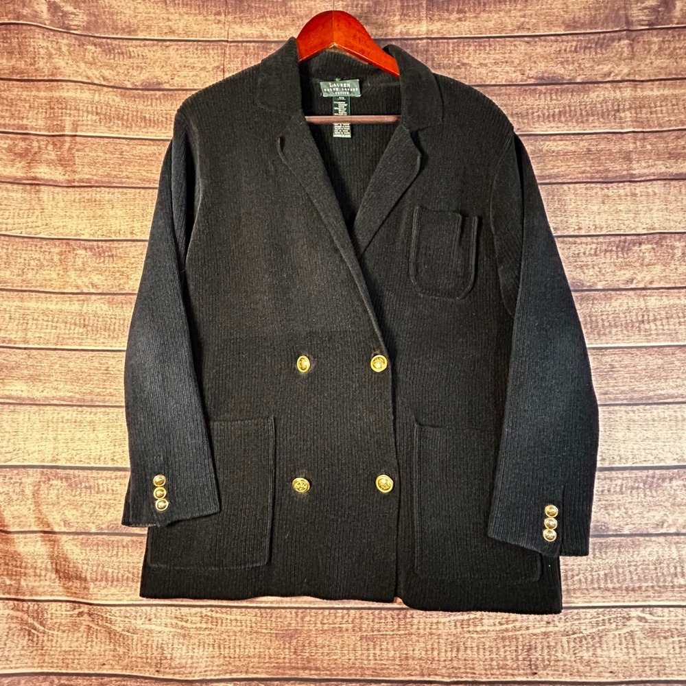 Vintage Lauren Ralph Lauren Petite Black Chenille Knit Double Breasted Blazer S